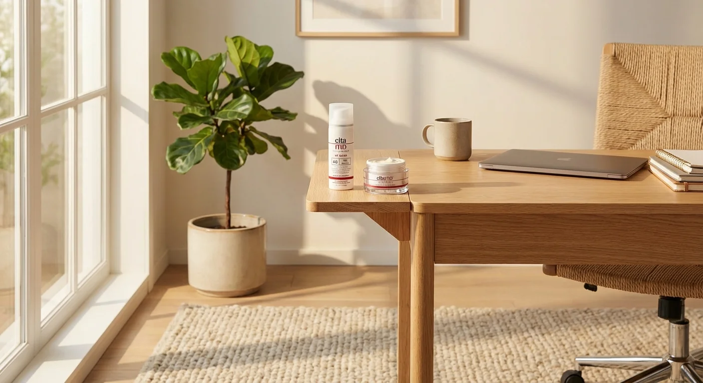 EltaMD UV Clear SPF 46 sunscreen bottle on bathroom shelf next to moisturizer in modern bathroom