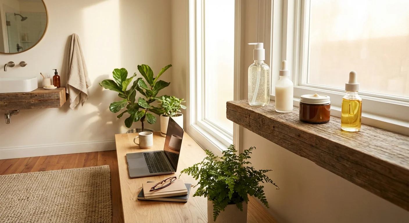 four different skin care products lined up for different skin types on wooden shelf in bright bathroom