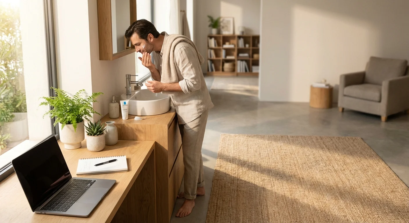 man applying La Roche-Posay moisturizer after shaving in well-lit modern bathroom