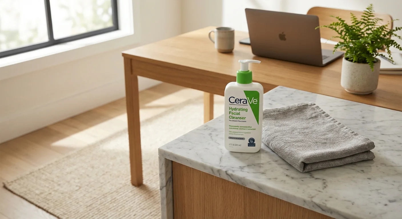 CeraVe Hydrating Facial Cleanser bottle on marble bathroom counter next to folded gray towel