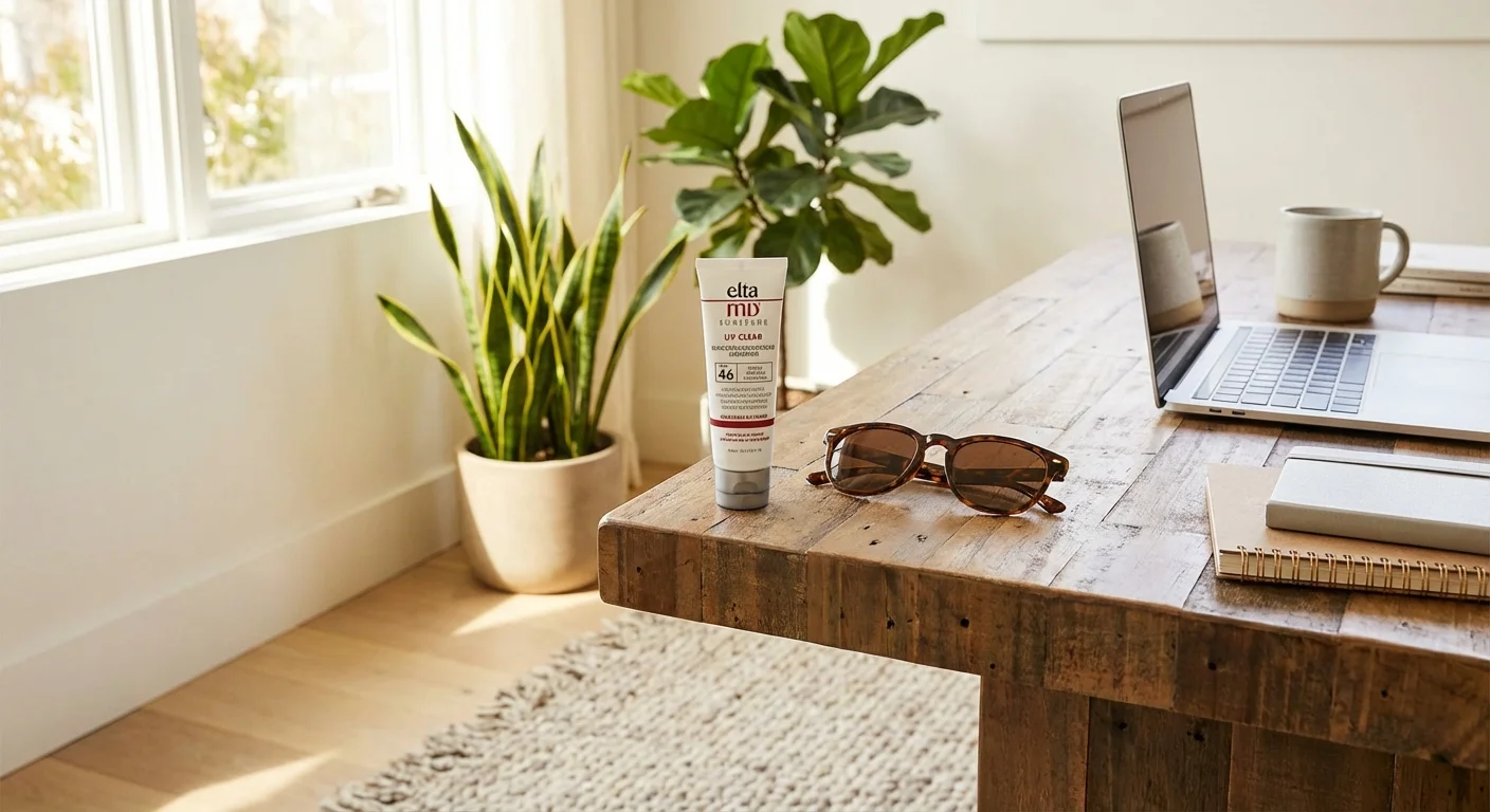 EltaMD UV Clear SPF 46 sunscreen tube on wood desk next to sunglasses with natural light