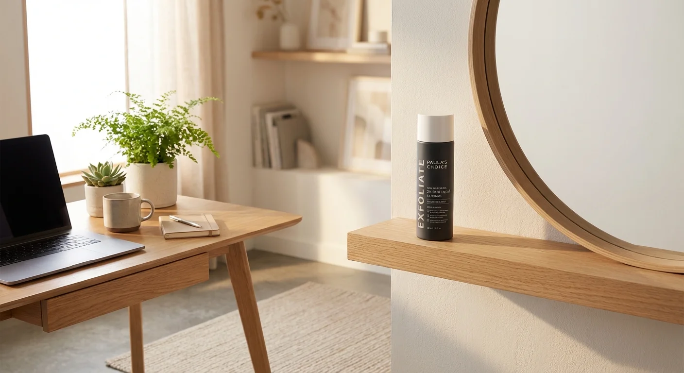 Paula's Choice 2% BHA Liquid Exfoliant bottle on bathroom shelf next to mirror with clean background