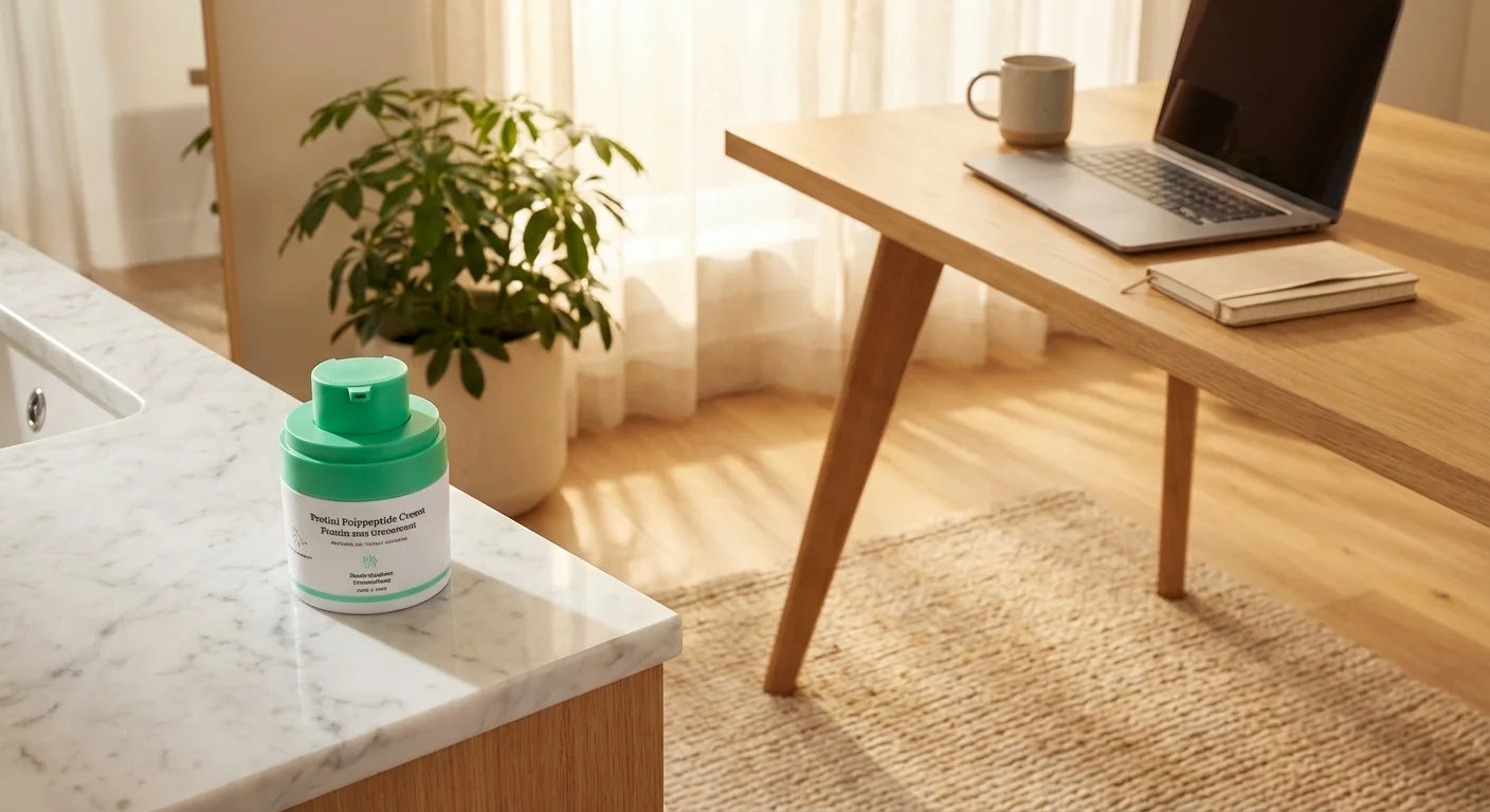 Drunk Elephant Protini Polypeptide Cream jar on minimalist white vanity with green plant in background