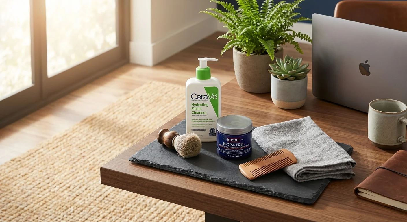 Flat lay of men's skin care products including CeraVe cleanser and Kiehl's moisturizer on dark slate background