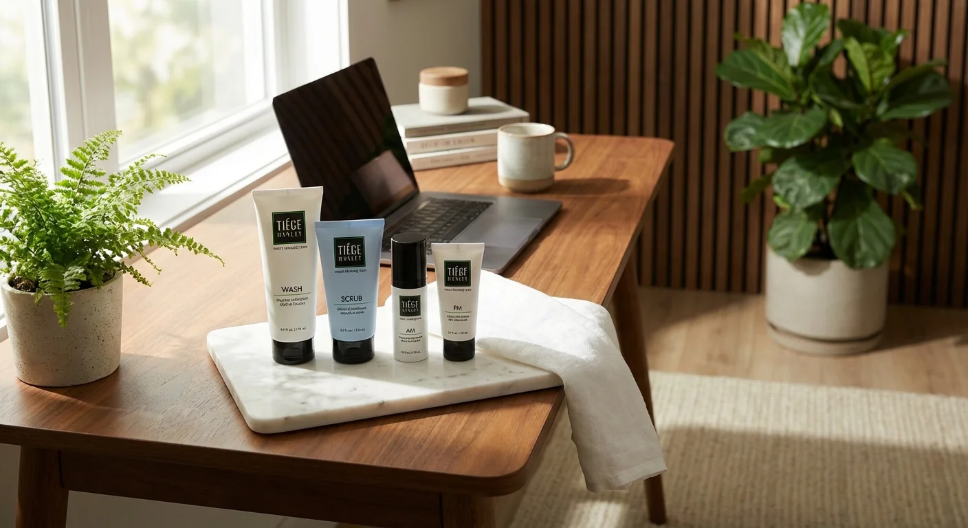 Tiege Hanley Level 1 skin care set for men displayed on marble bathroom counter with white towel