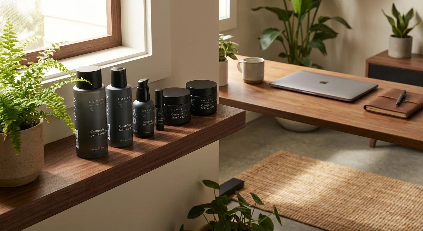 Lumin Complete Skin Care Set products arranged on dark wood shelf in modern men's bathroom