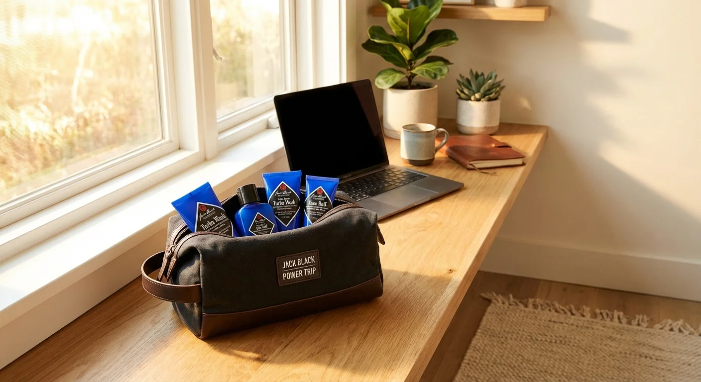 Jack Black Power Trip travel skin care set open in dopp bag on hotel bathroom counter