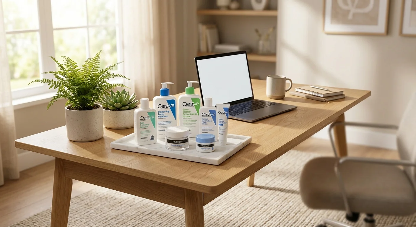 CeraVe and Neutrogena skincare products arranged on a clean bathroom countertop with white marble