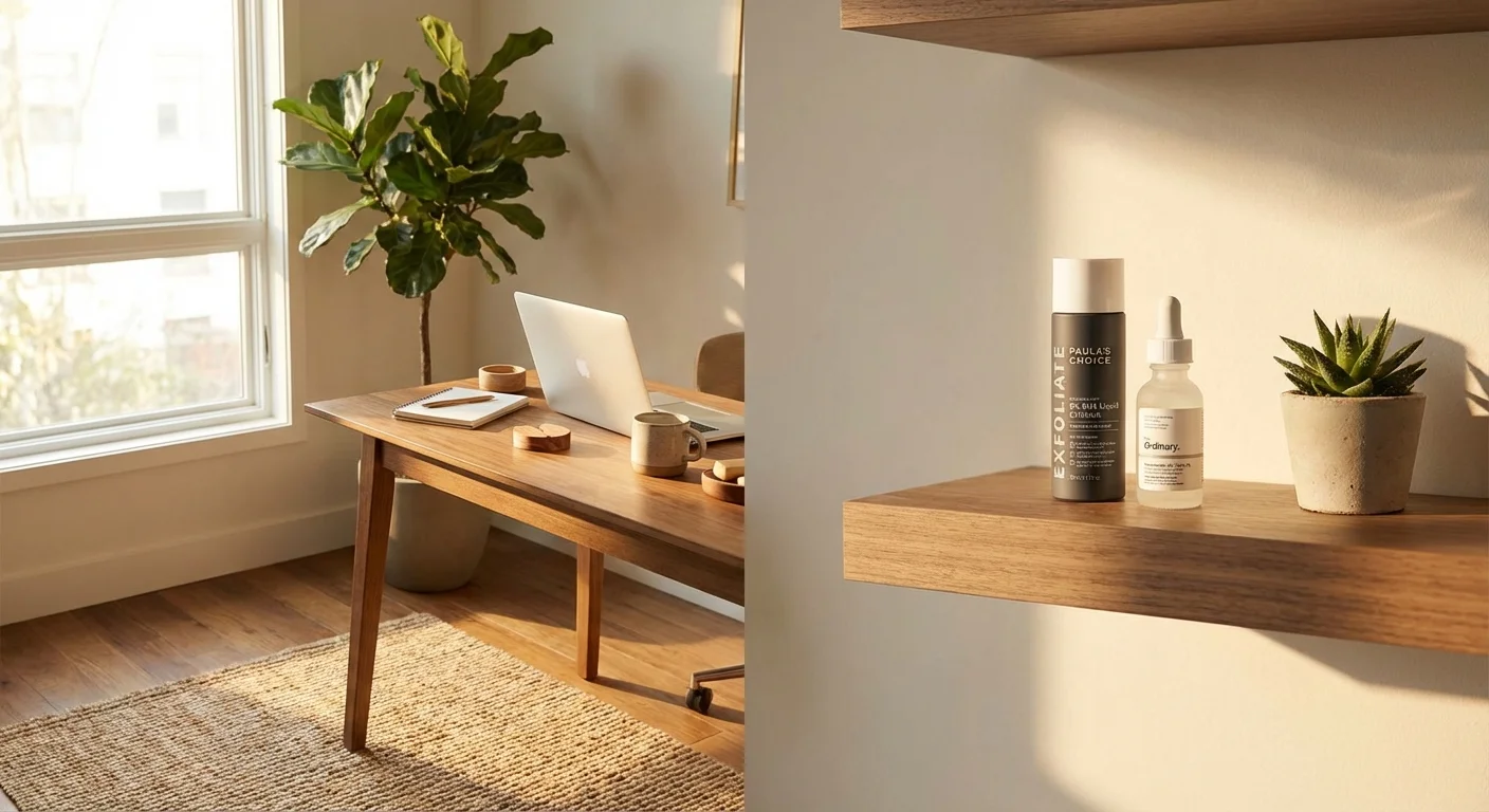Paula's Choice 2% BHA Liquid Exfoliant and The Ordinary Niacinamide bottles on a wooden bathroom shelf