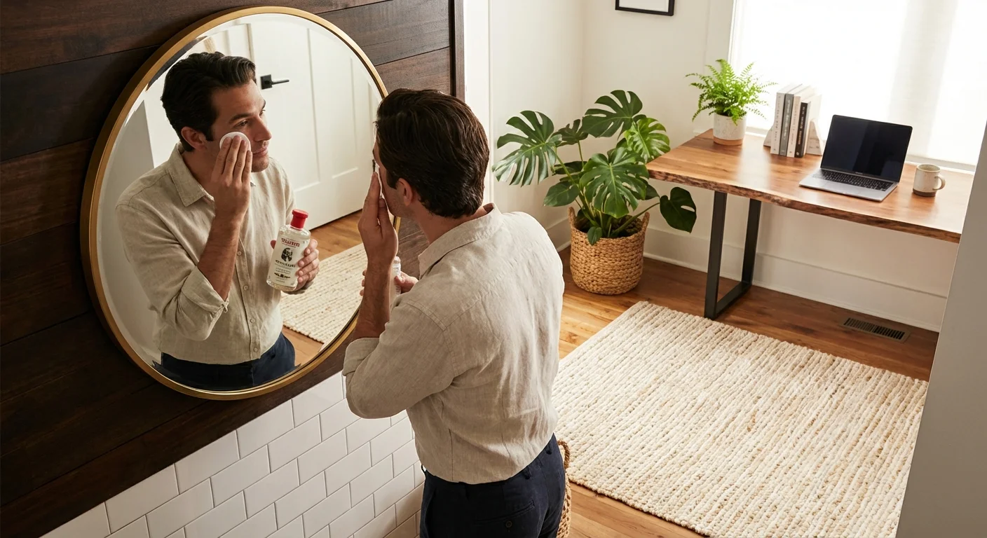 man applying Thayers Witch Hazel Toner with cotton pad in modern bathroom mirror