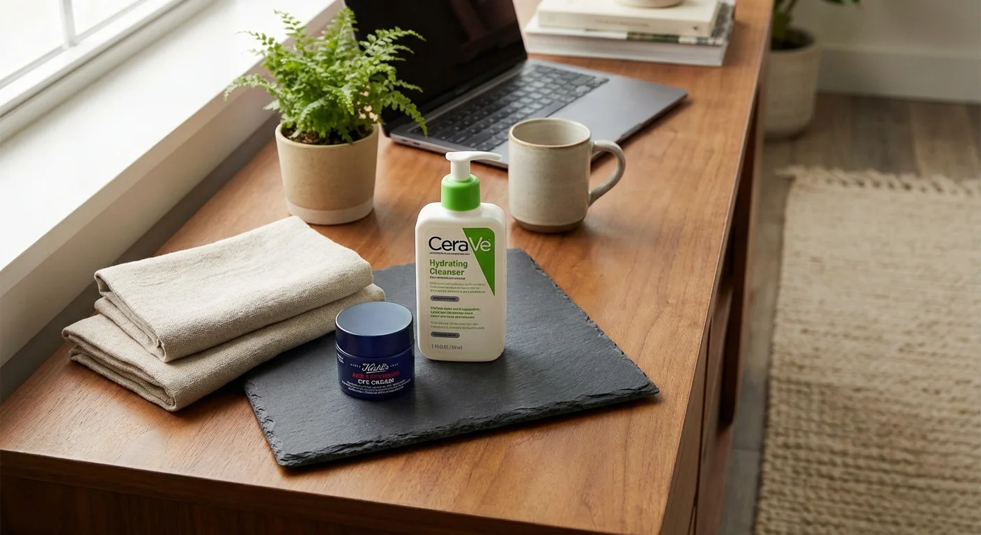 Kiehl's Age Defender Eye Cream and CeraVe Hydrating Cleanser on a slate bathroom tray with folded towels