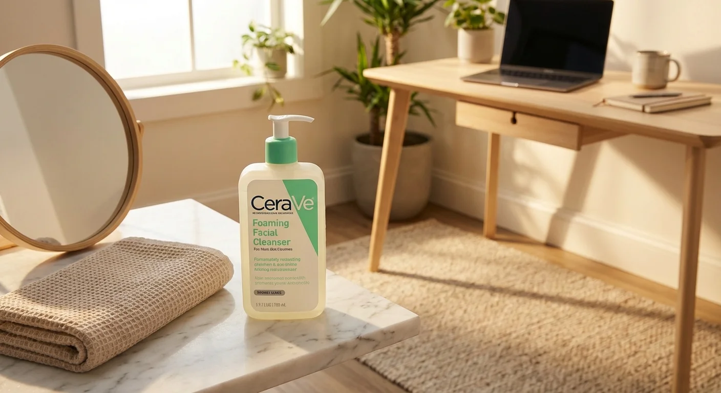 CeraVe Foaming Facial Cleanser bottle on white marble bathroom counter with towel and mirror in background