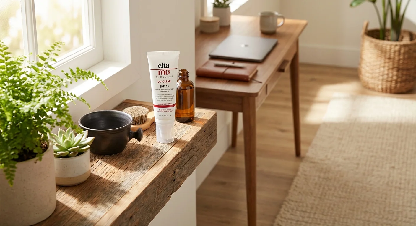 EltaMD UV Clear SPF 46 sunscreen tube next to man's grooming products on wooden bathroom shelf
