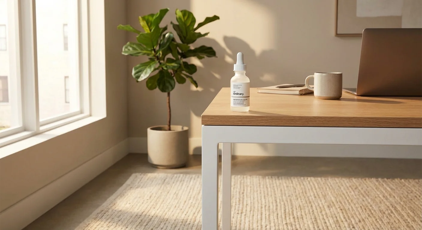 The Ordinary Niacinamide serum bottle on minimalist white desk with plant in background