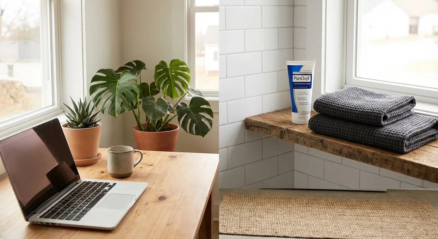 PanOxyl acne wash tube in modern bathroom setting with white tiles and folded gray towels