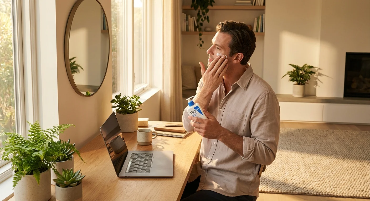 Man applying CeraVe moisturizer in bright modern bathroom mirror with natural morning light