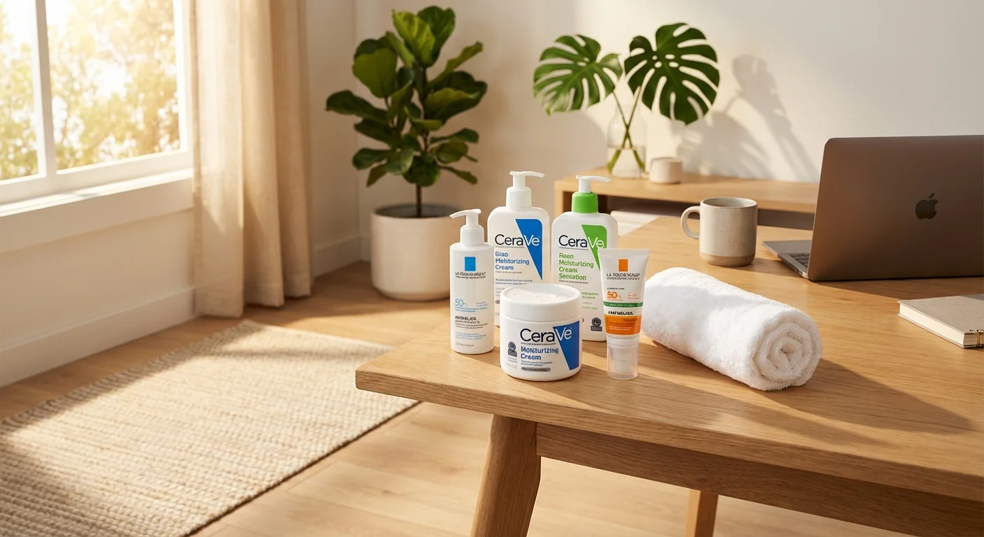 CeraVe and La Roche-Posay skincare products arranged on bathroom counter with clean towel