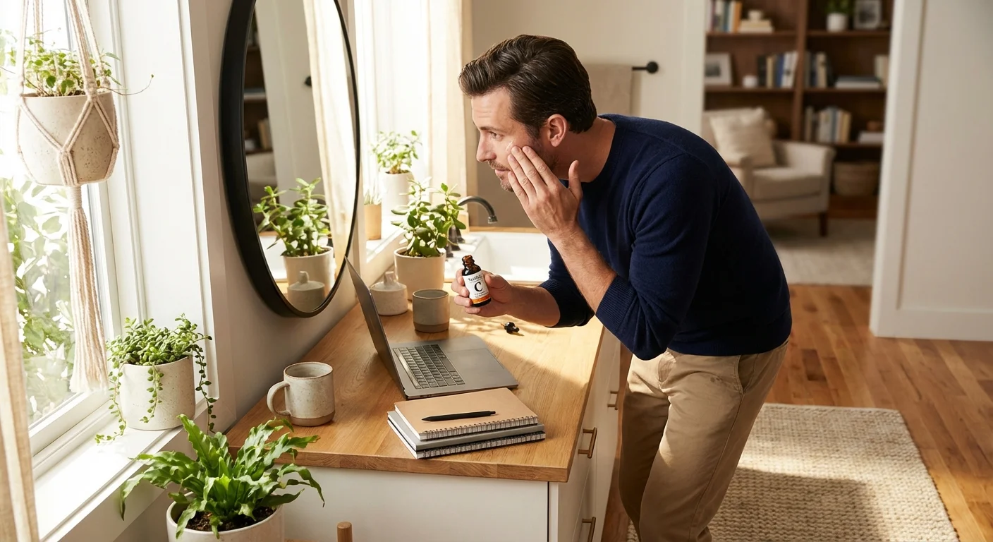 man in his 30s applying TruSkin Vitamin C serum in bright bathroom mirror