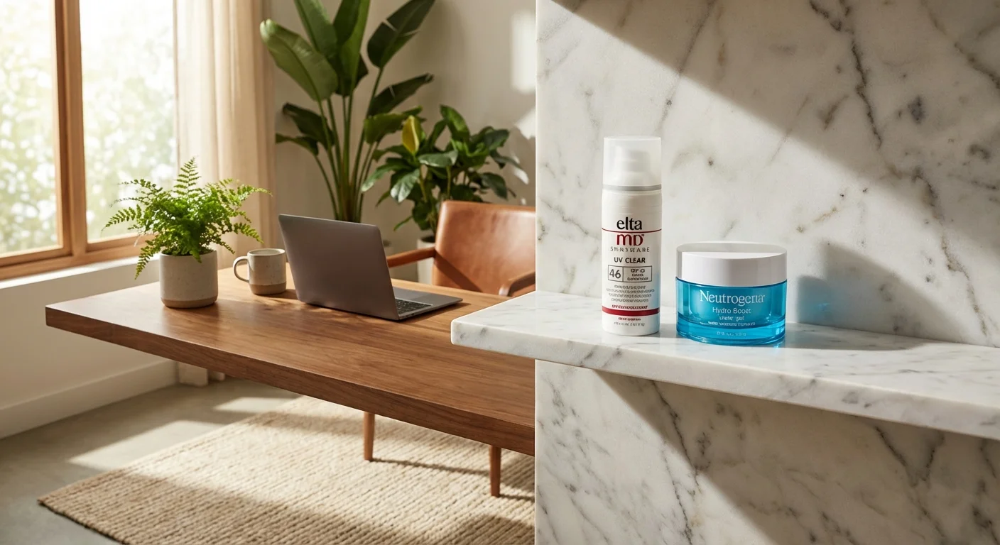 EltaMD UV Clear SPF 46 sunscreen bottle next to Neutrogena Hydro Boost on marble bathroom shelf