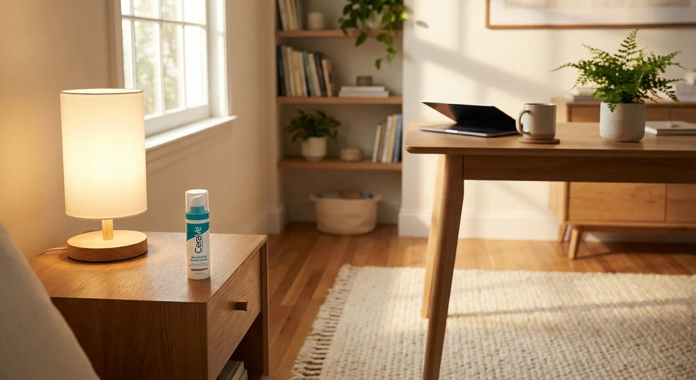 CeraVe Resurfacing Retinol Serum on nightstand next to bedside lamp in bedroom setting