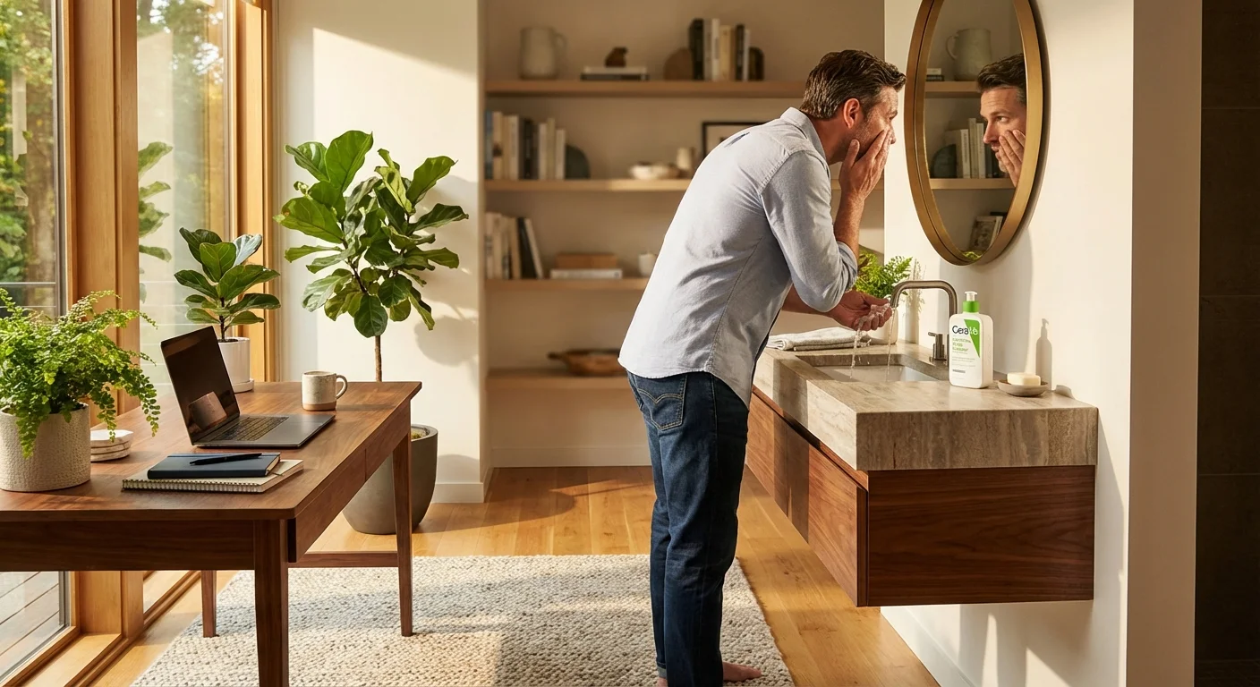 man in his 40s washing face with CeraVe cleanser at modern bathroom sink with mirror