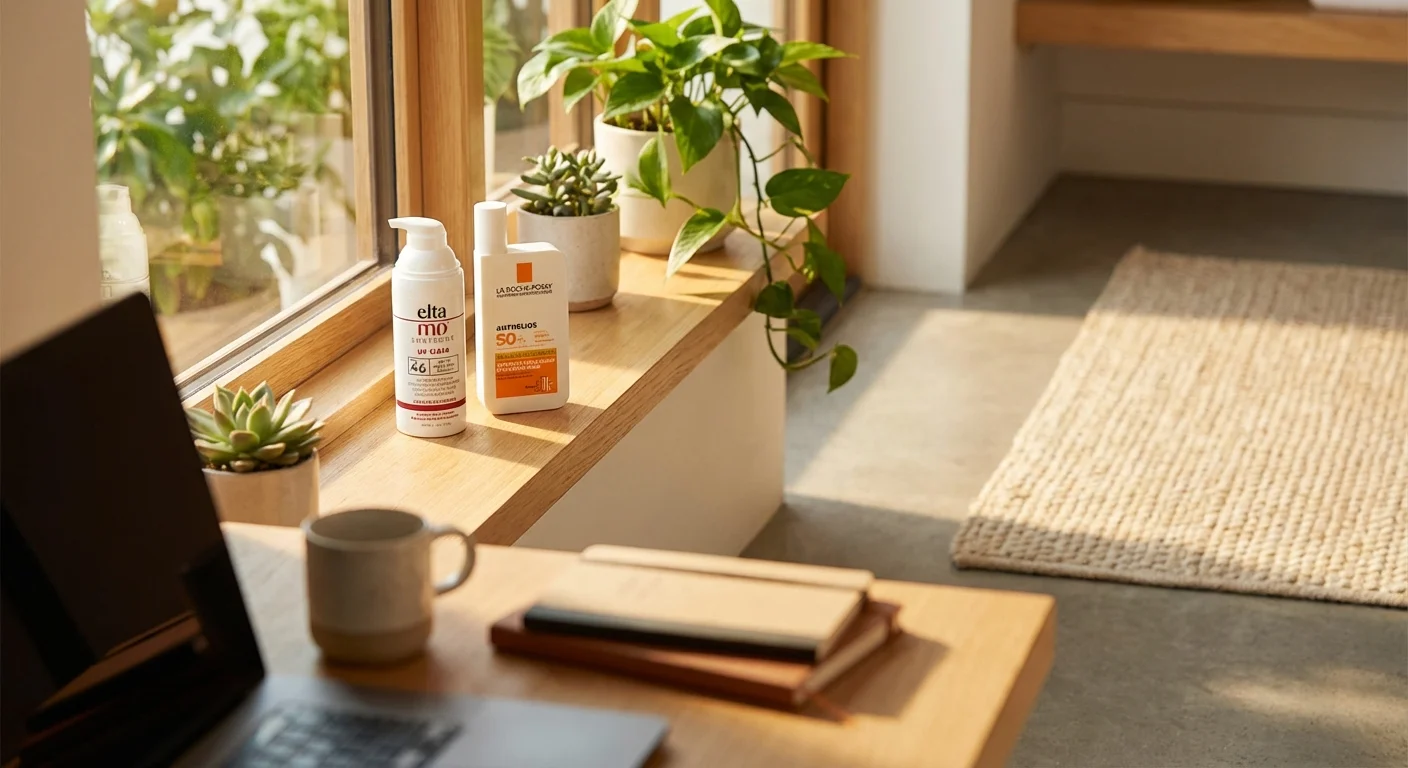 EltaMD UV Clear SPF 46 sunscreen next to La Roche-Posay Anthelios on bathroom shelf with natural light