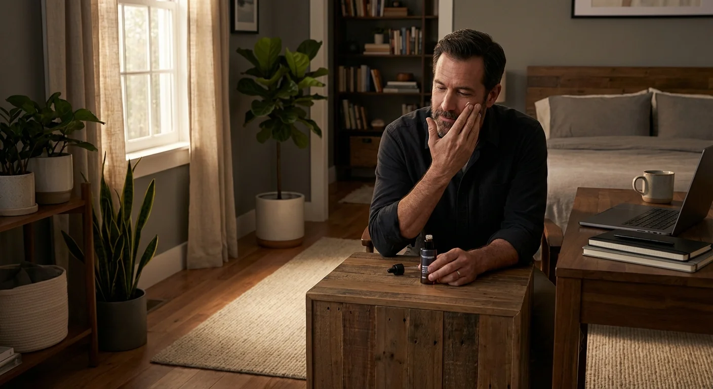 man in his 40s applying Neutrogena Rapid Wrinkle Repair retinol serum at nightstand in dimly lit bedroom