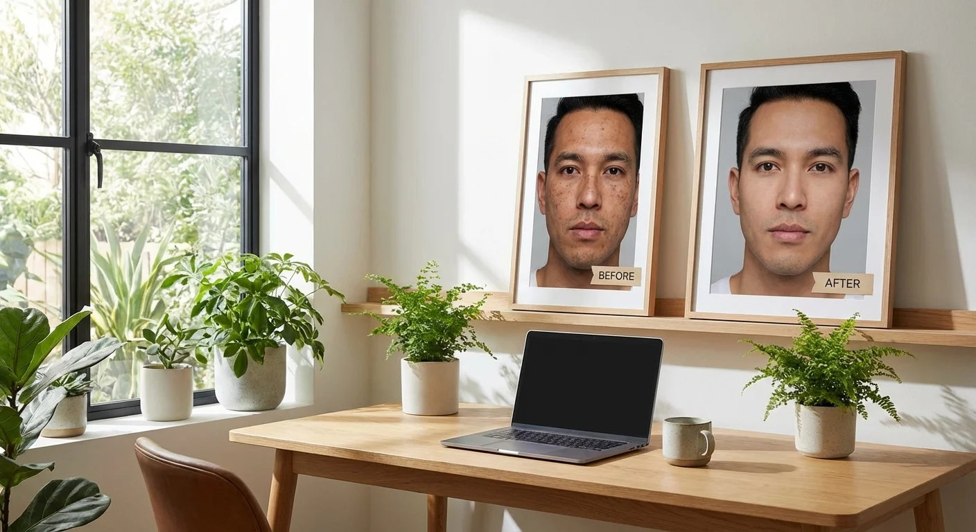 before and after comparison of man's skin showing reduced dark spots after consistent skincare routine, well-lit studio setting