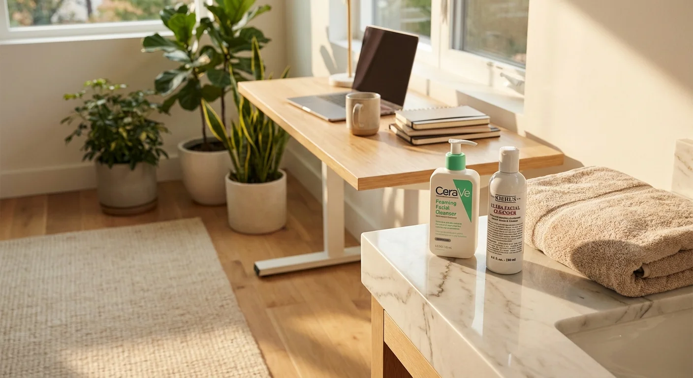 CeraVe Foaming Facial Cleanser and Kiehl's Ultra Facial Cleanser bottles on marble bathroom counter with towel