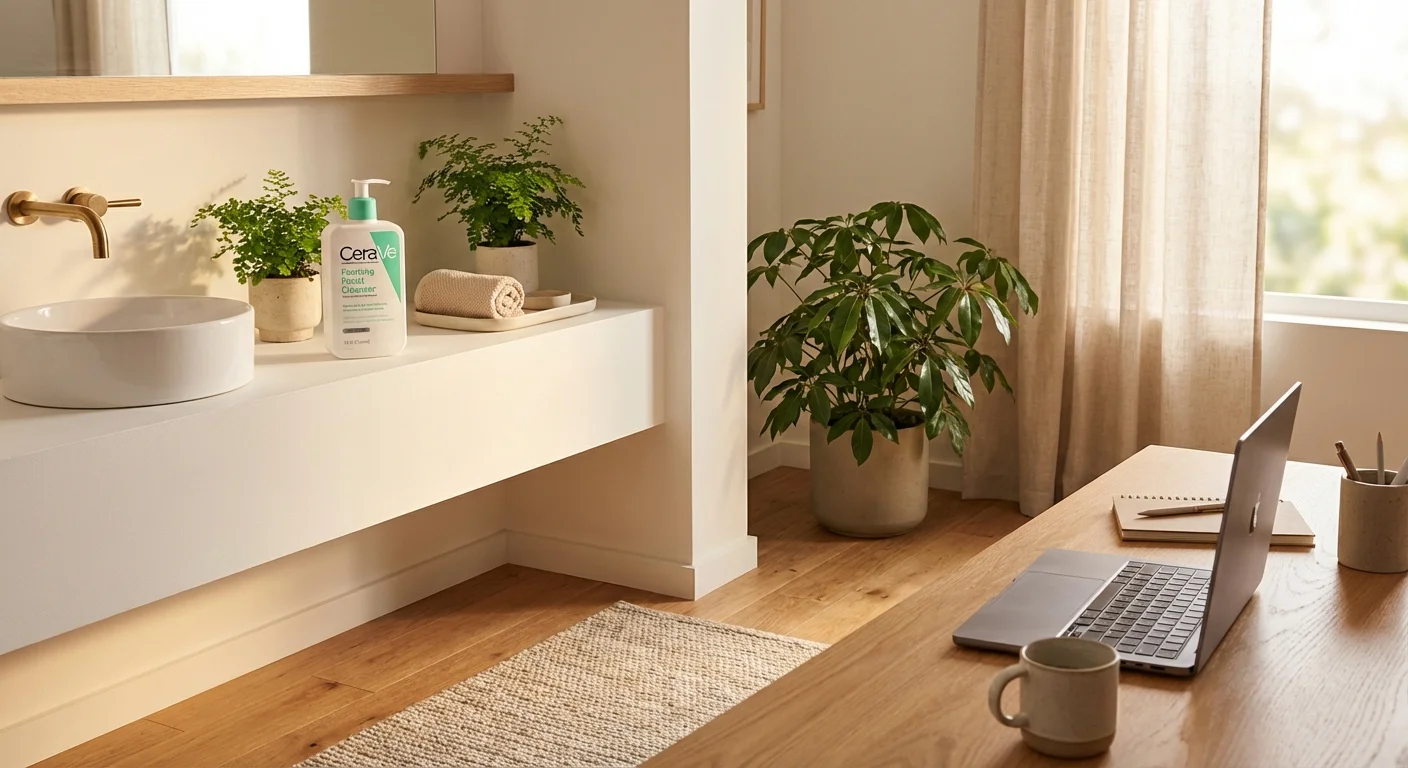 CeraVe Foaming Facial Cleanser 16 oz pump bottle on white bathroom shelf next to sink