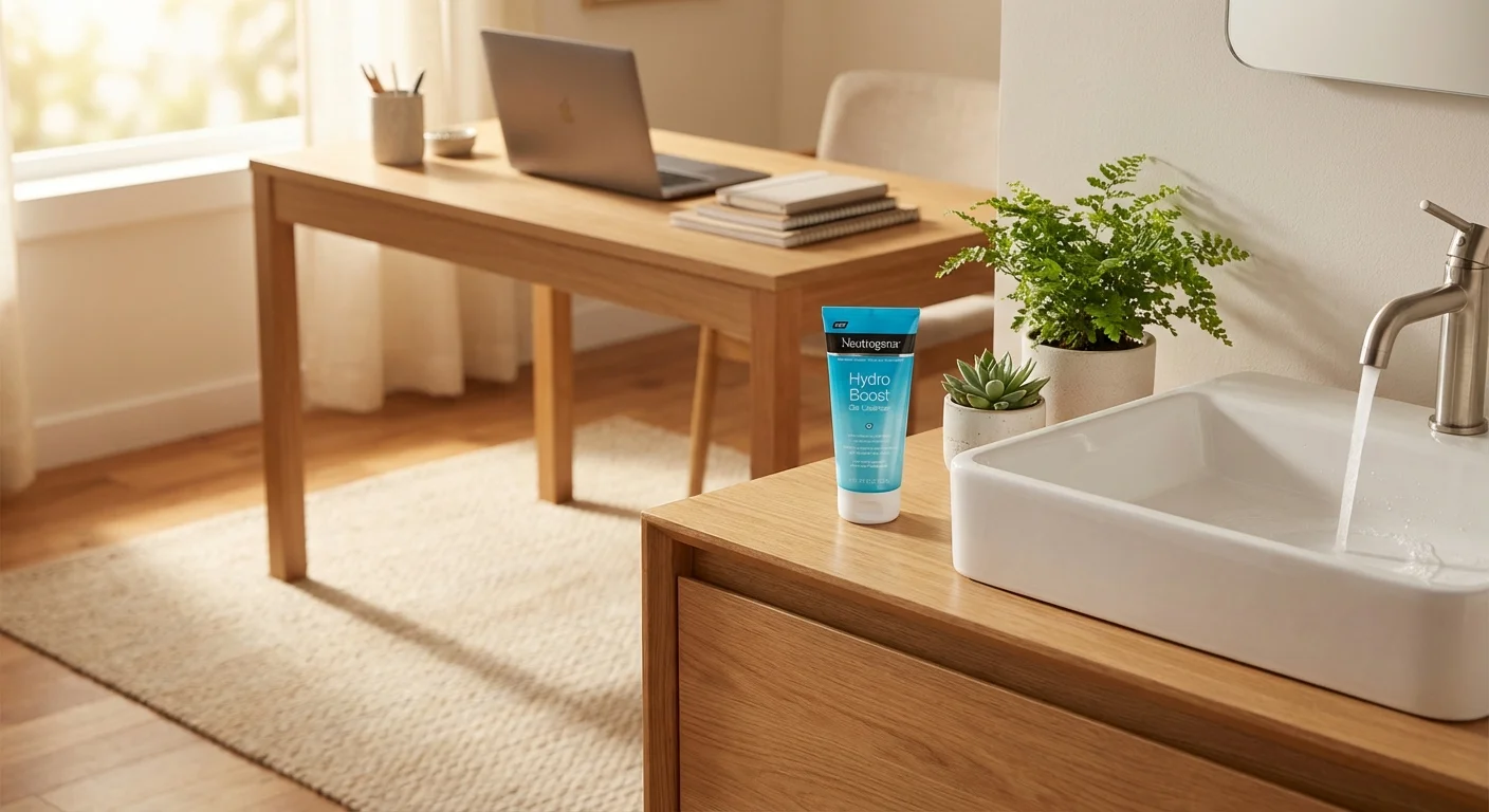 Neutrogena Hydro Boost Gel Cleanser tube next to running water in modern bathroom sink