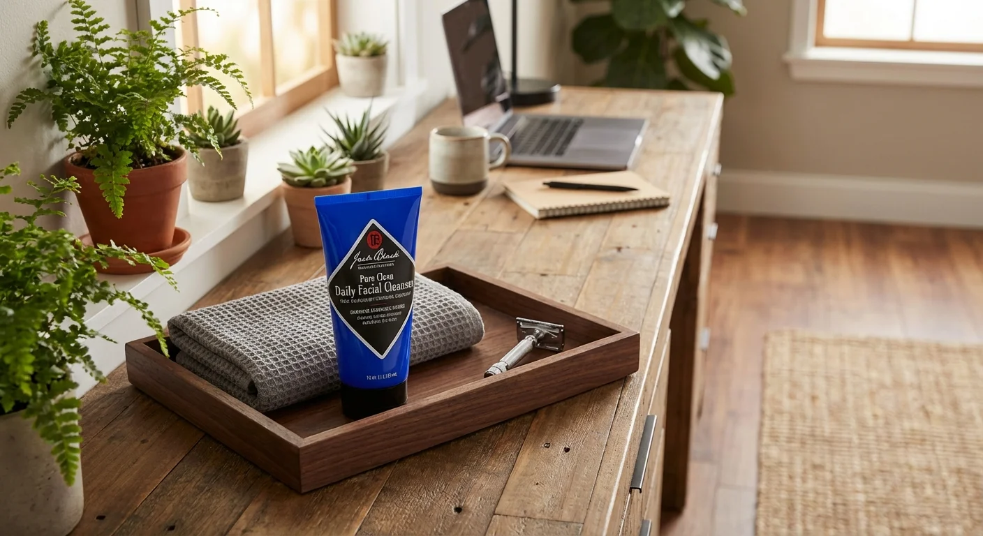 Jack Black Pure Clean Daily Facial Cleanser tube on dark wood grooming tray with towel and razor