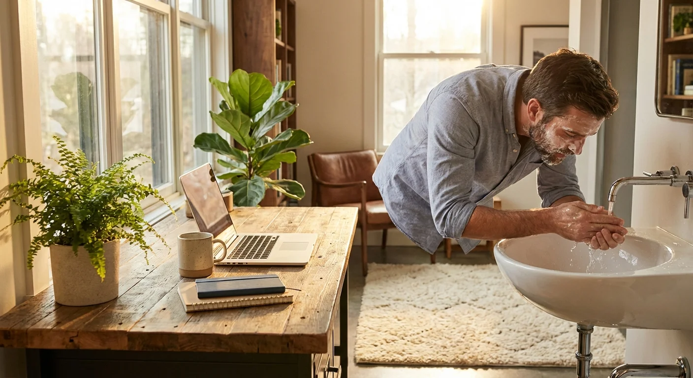 man washing face with foaming cleanser at bathroom sink in morning light