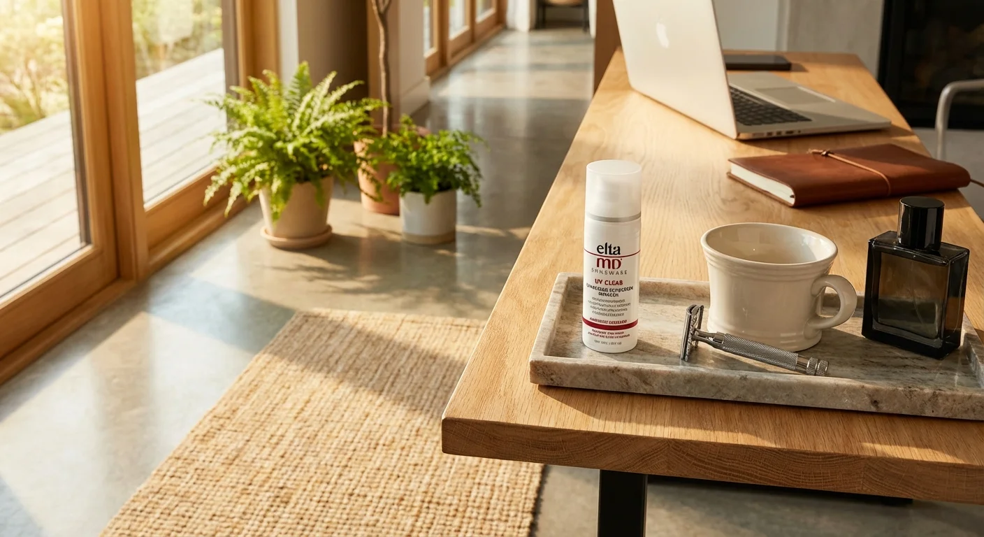 EltaMD UV Clear sunscreen bottle on bathroom counter next to men's grooming products
