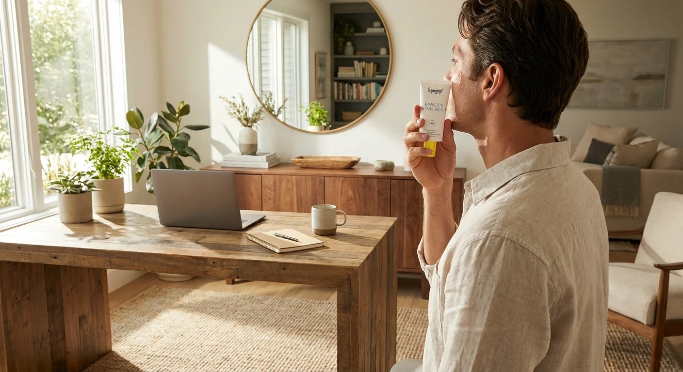 Supergoop Unseen Sunscreen SPF 40 being applied to man's face in bathroom mirror