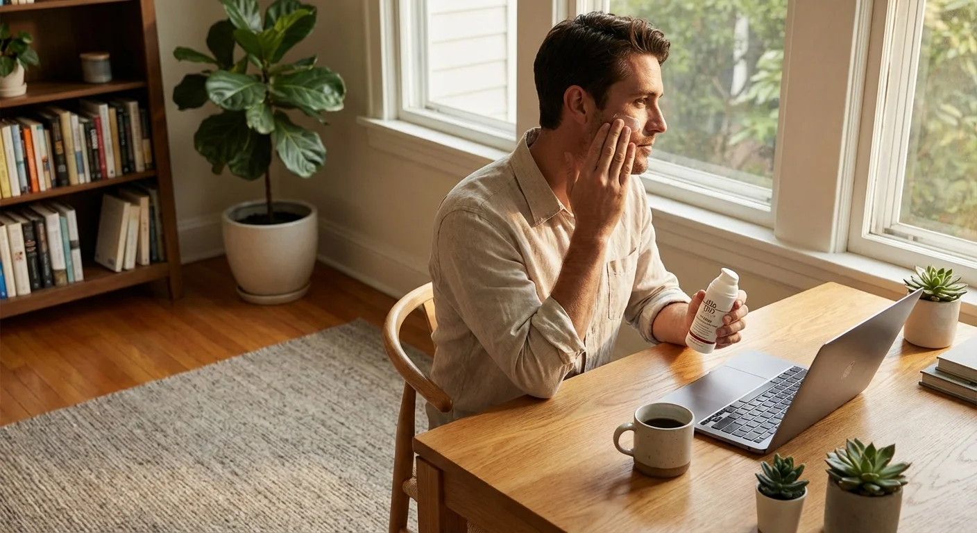 Man applying EltaMD UV Clear sunscreen to face before morning commute in bright sunlight