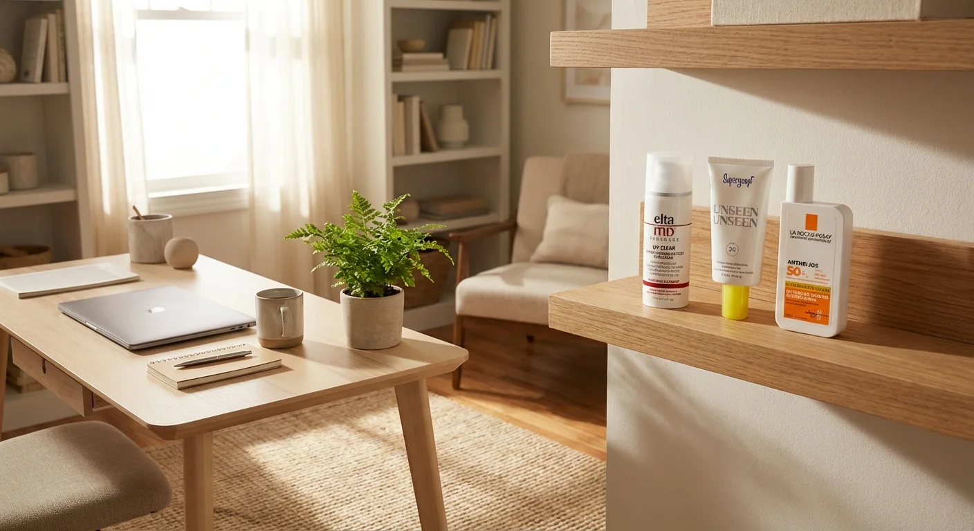 Three sunscreen bottles lined up on bathroom shelf — EltaMD UV Clear Supergoop Unseen and La Roche-Posay Anthelios side by side