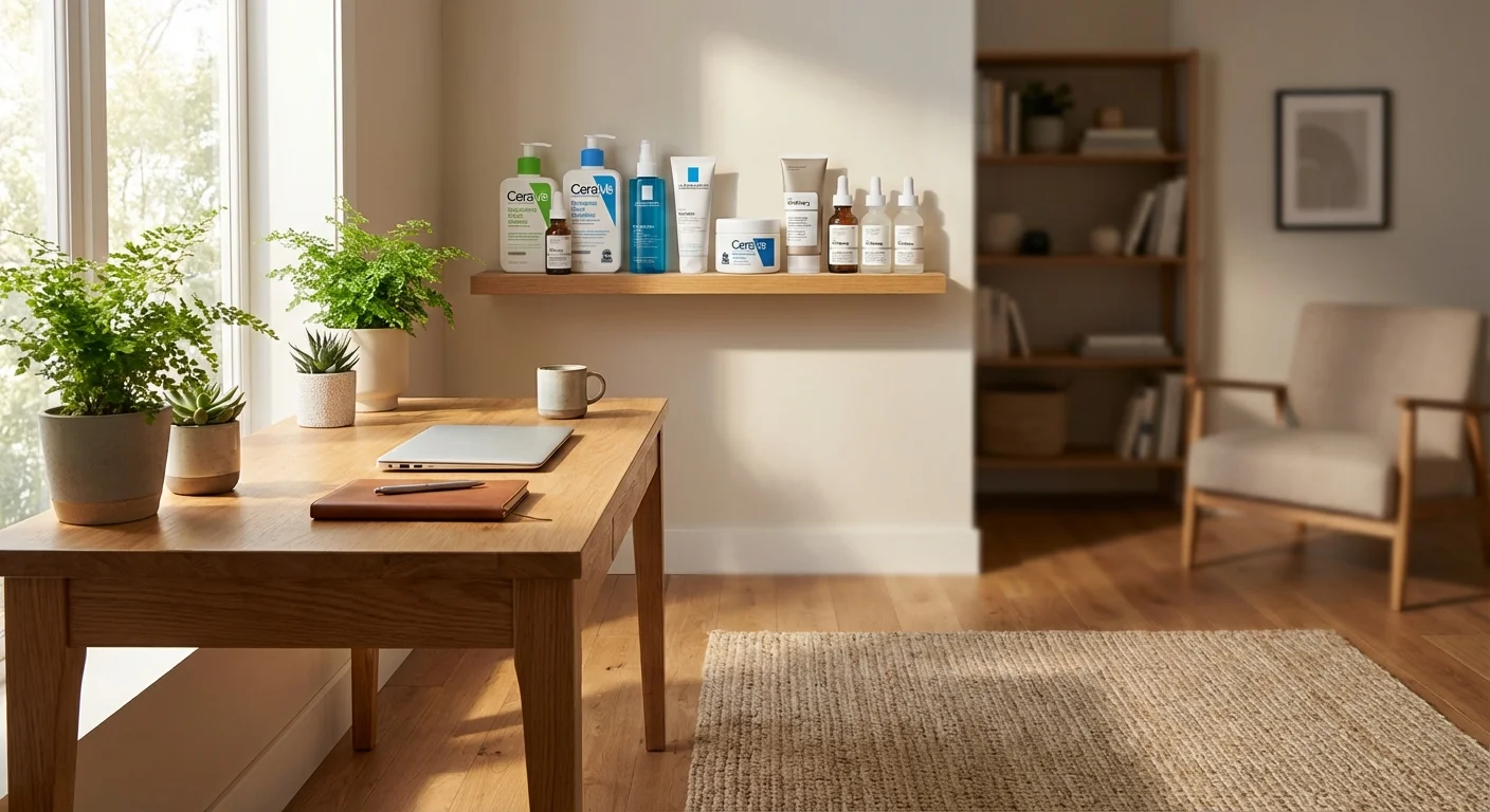 CeraVe La Roche-Posay and The Ordinary skincare products lined up on a modern bathroom shelf for men
