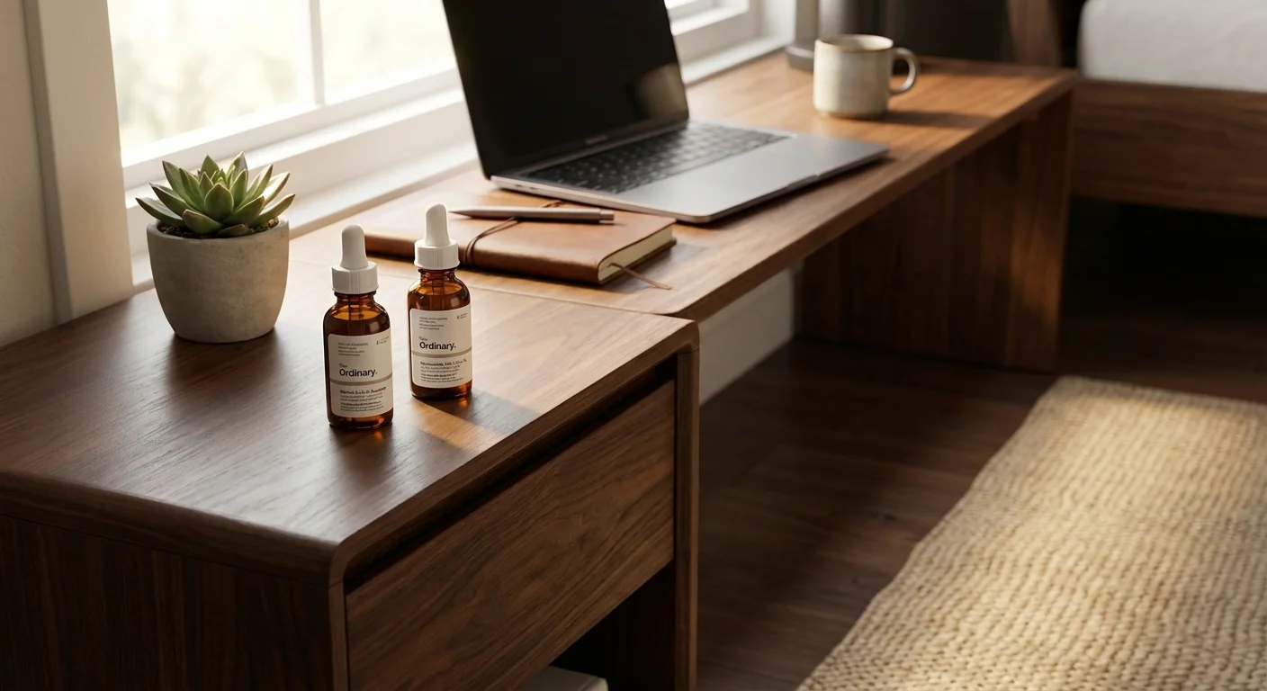 The Ordinary retinol serum and niacinamide bottles on a dark wood nightstand in a men's bedroom