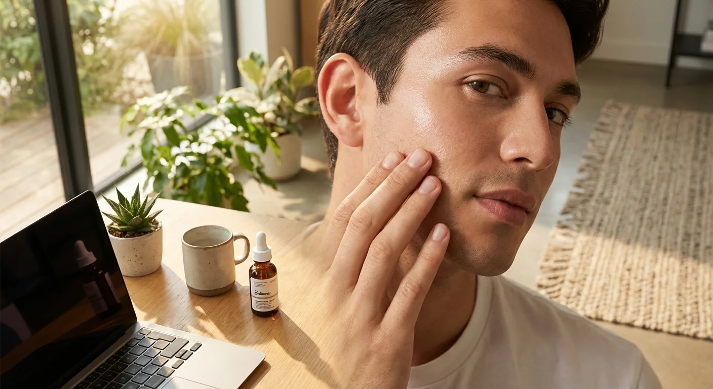 close-up of a man's clear healthy skin after using The Ordinary niacinamide serum