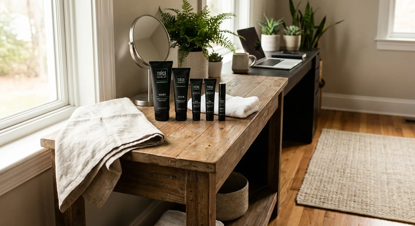 Tiege Hanley Level 1 skincare kit for men displayed on bathroom counter with towel and mirror