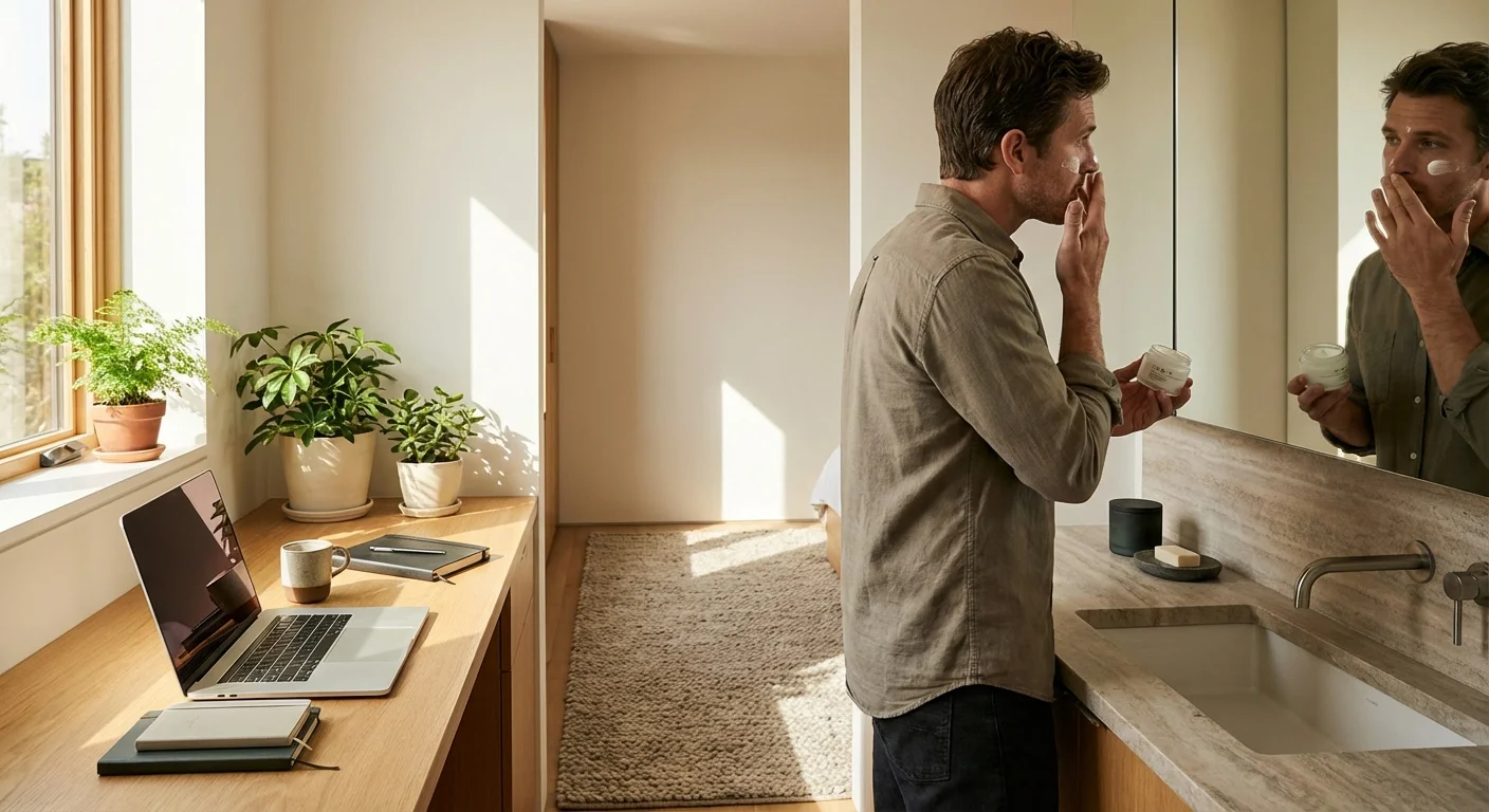 Man applying Lumin moisturizer to face in modern bathroom with bright lighting