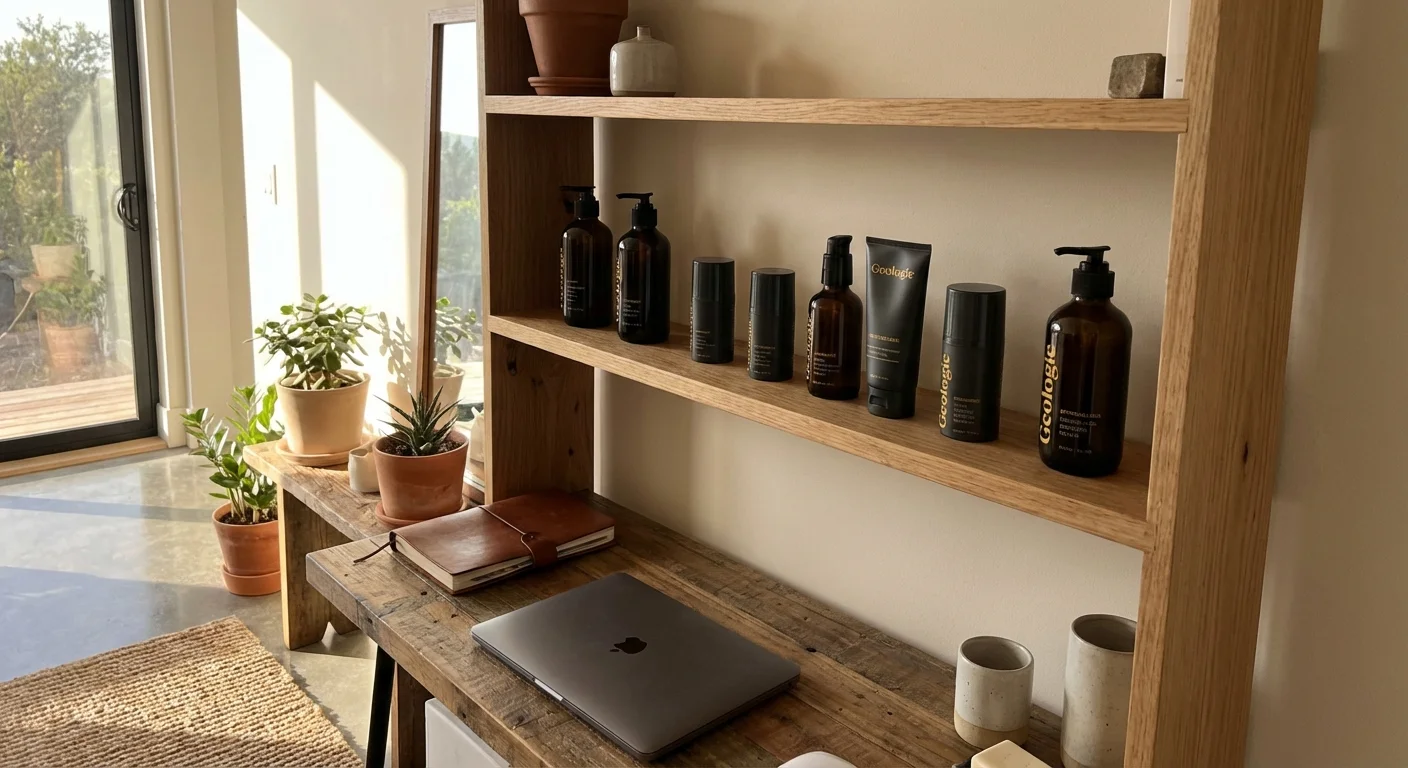 Geologie personalized skincare bottles arranged on wooden shelf in minimalist men's bathroom