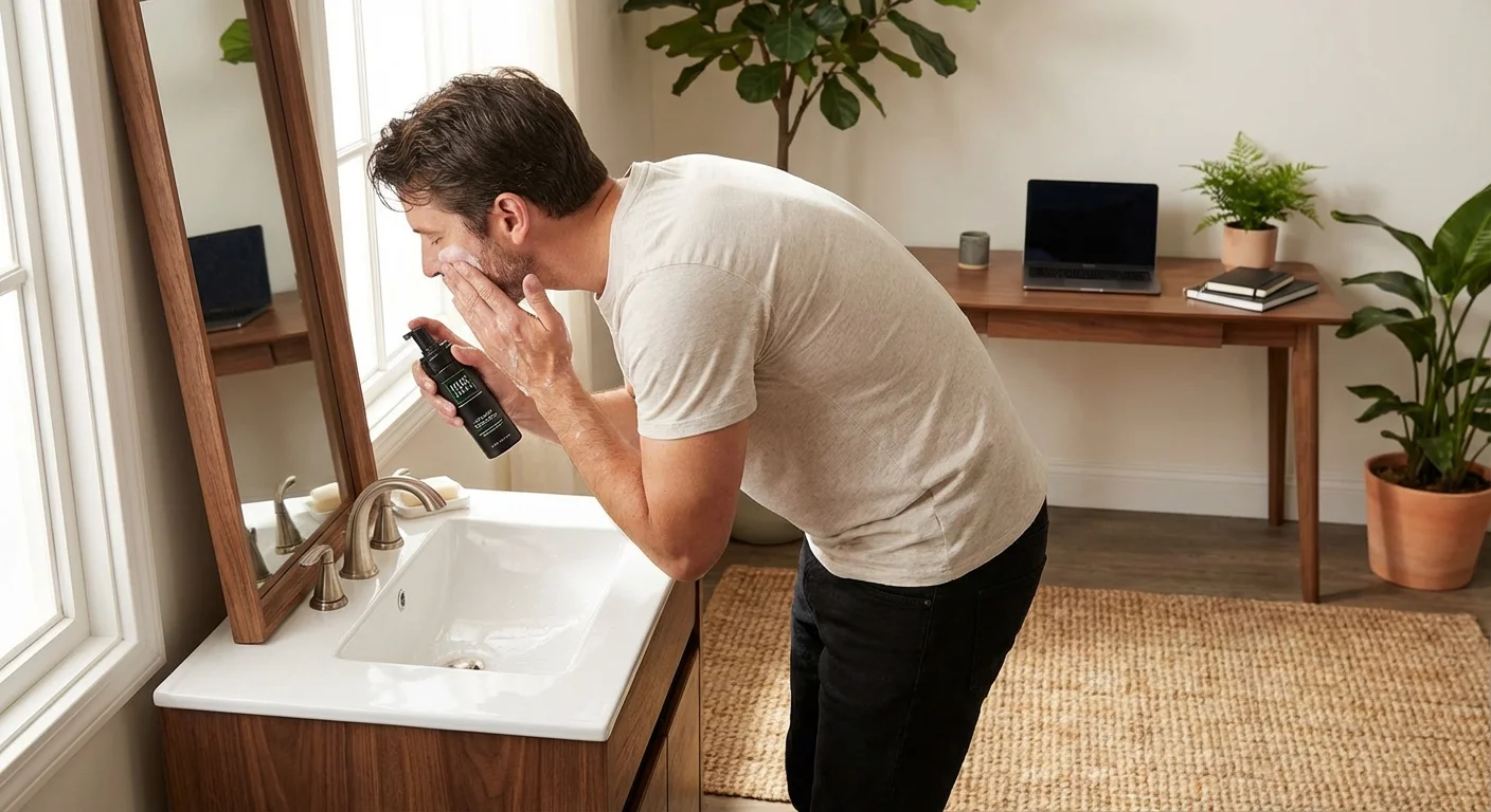 Close-up of man washing face with Tiege Hanley cleanser in well-lit bathroom with mirror