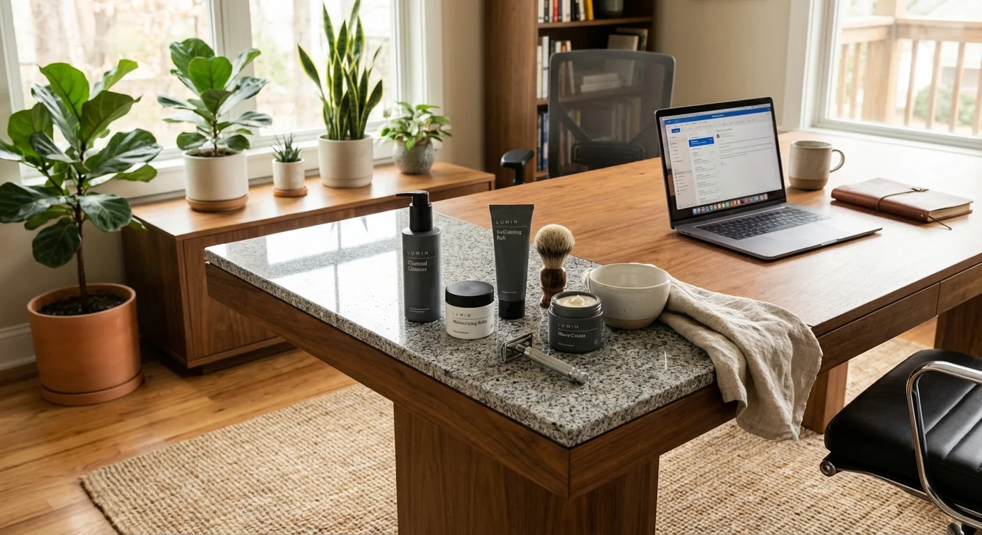 Lumin Complete Skincare Set products lined up on granite countertop next to shaving supplies