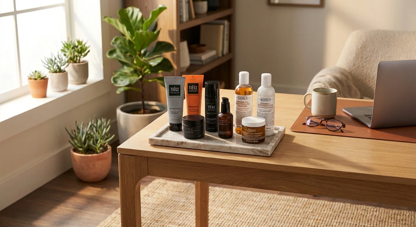 Tiege Hanley skincare set next to Lumin skincare bottles and Kiehl's products arranged on marble bathroom counter