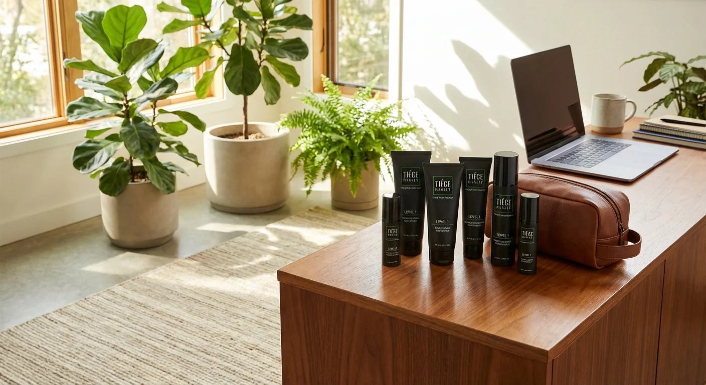 Tiege Hanley Level 1 skincare products laid out on bathroom vanity next to shaving kit