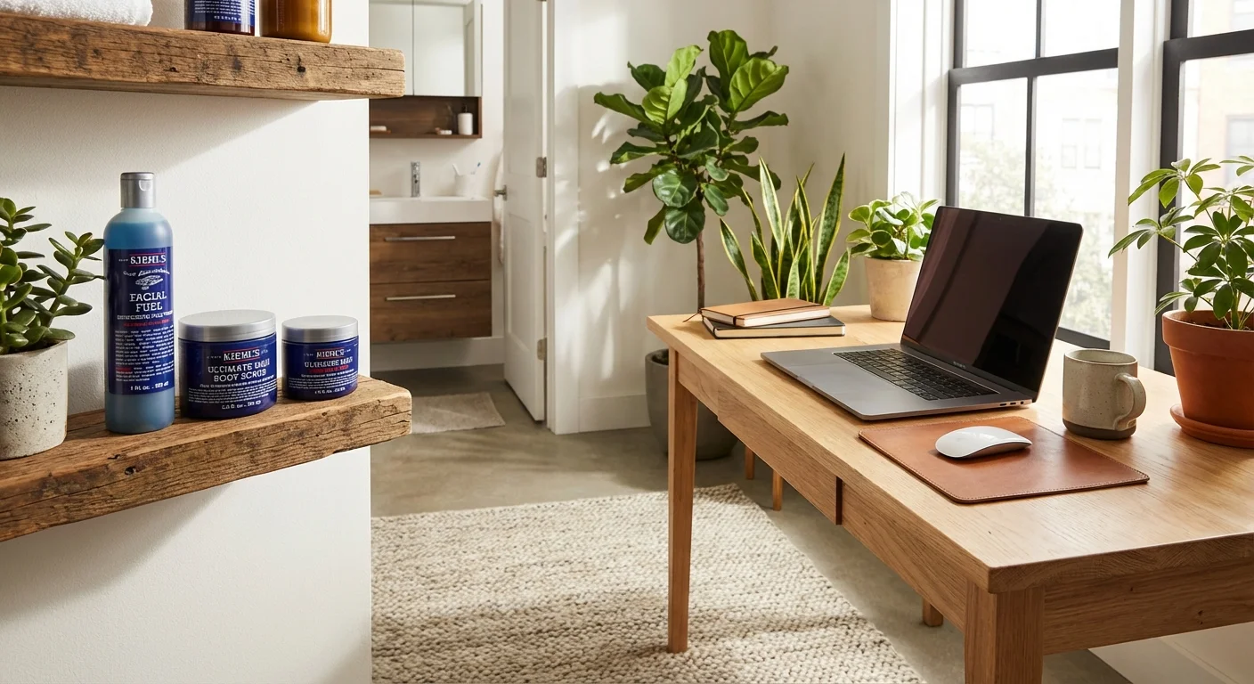 Kiehl's Ultimate Man skincare collection displayed on wooden shelf in modern men's bathroom