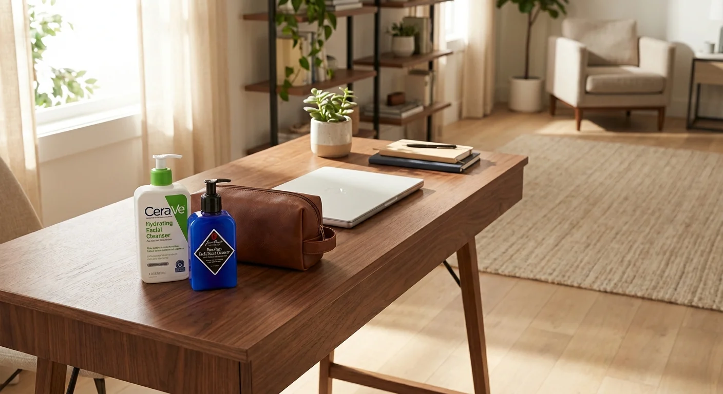 CeraVe and Jack Black face wash products on bathroom counter with men's grooming kit