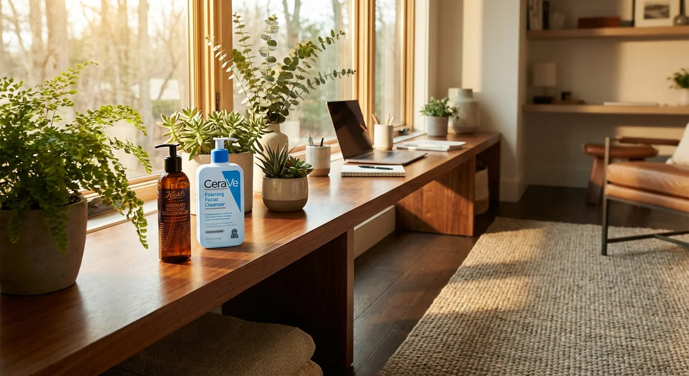 Kiehl's Midnight Recovery Cleansing Oil bottle next to CeraVe Foaming Facial Cleanser in men's bathroom